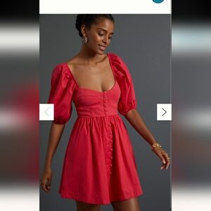 Anthropologie Maeve Puffed Sleeve Red Sweetheart Mini Dress Size Medium